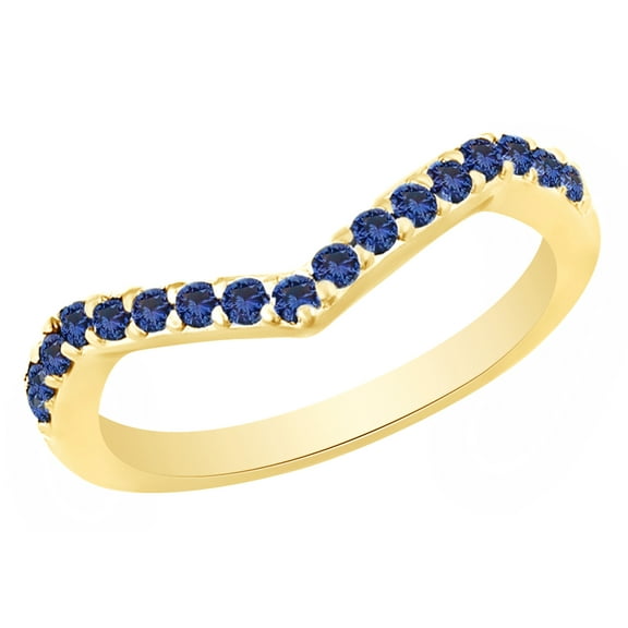 AFFY Round Cut Blue Sapphire Chevron Band Ring in 14k Yellow Gold Over Sterling Silver (0.36 Cttw) Size Ring - 4