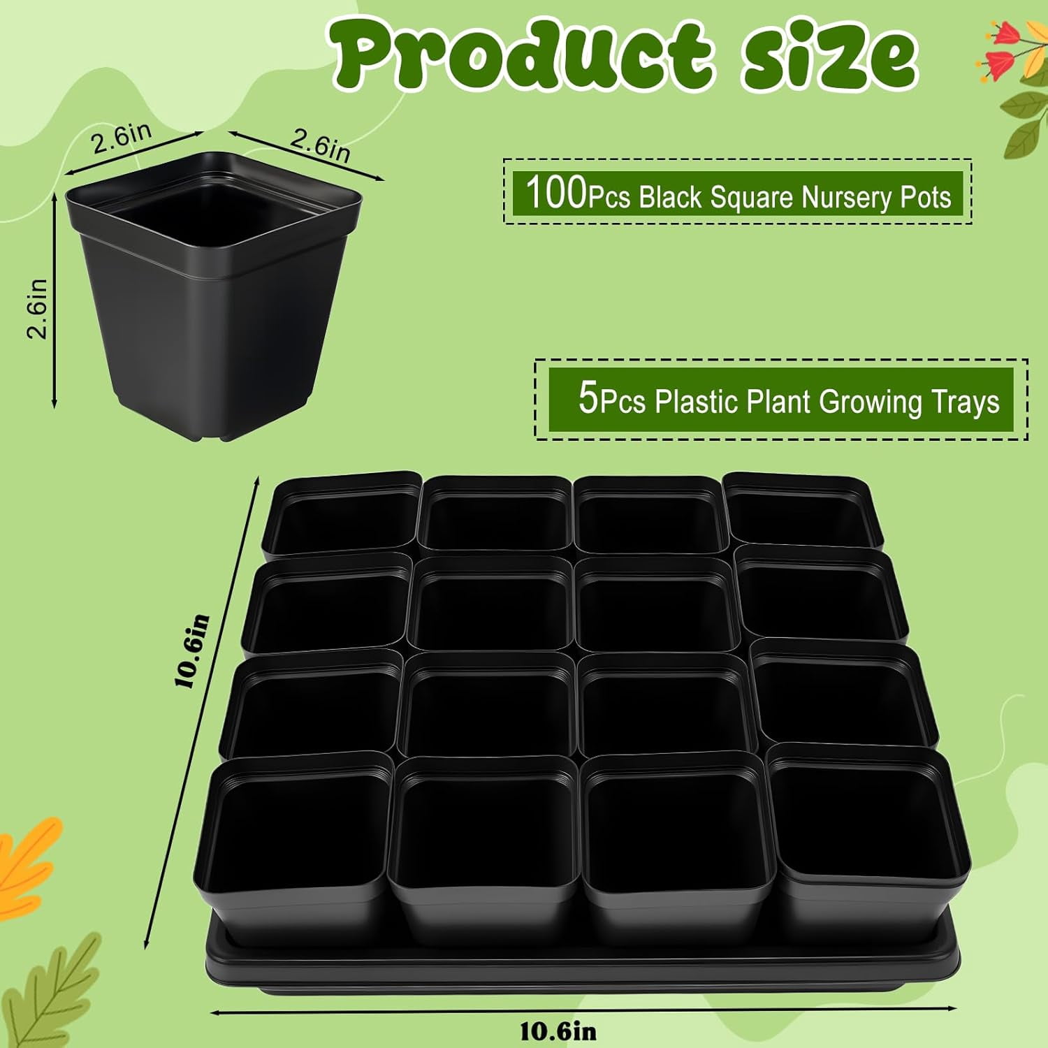Black Square Nursery Pots with Plastic Seed Starting Trays, Plant Propagation Starter Kit Square Pots with Drain Holes