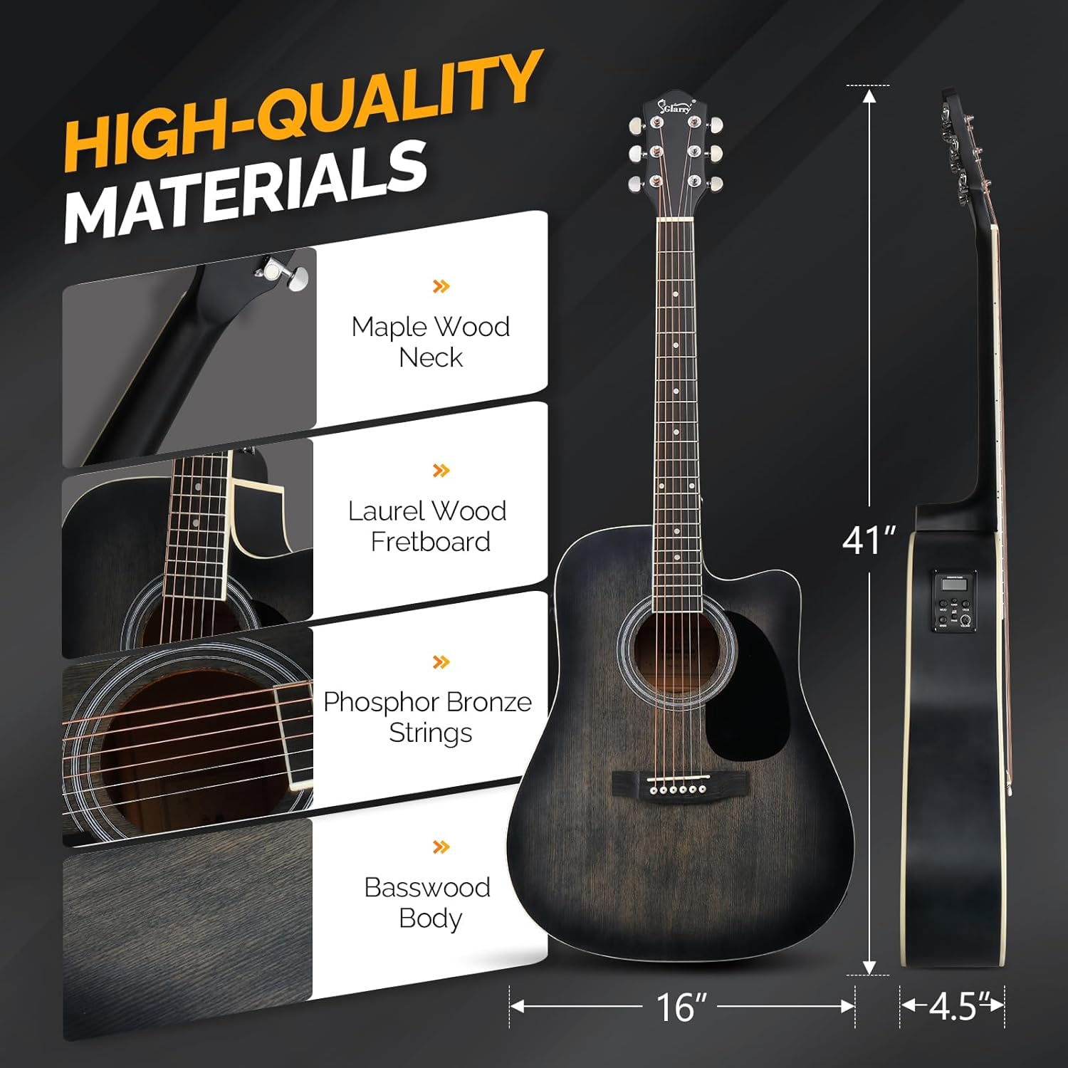 GLARRY Full Size 6 Strings Acoustic Electric Guitar Beginner Kit w/ 15W Amp, Cutaway 41 Inch Electric Acoustic Guitar w/Inbuilt Tuner, Bag, Strap, Picks, Strings, Basswood Guitarra, Distressed Green