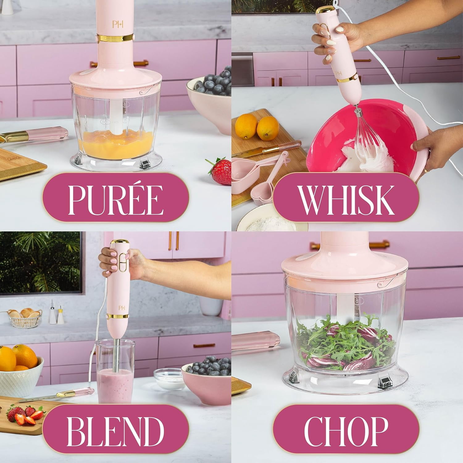 Hand Blender Set, 2-in-1 Immersion Stick Blender with Whisk & Blending Shaft, 400W High Speed, Pink with Gold Accents