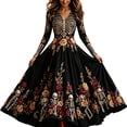 thumbnail image 2 of Halloween Dresses for Women V Neck Skull Print Dress Long Sleeve Festive Party Trendy Womens Casual Dresses Black4 L, 2 of 4