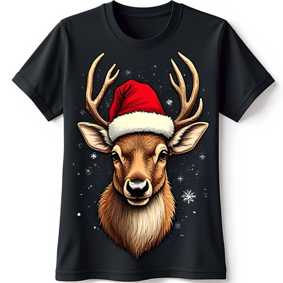Festive Cartoon Reindeer in Santa Hat T-Shirt Whimsical Winter Design with Snowflakes for Christmas Lovers
