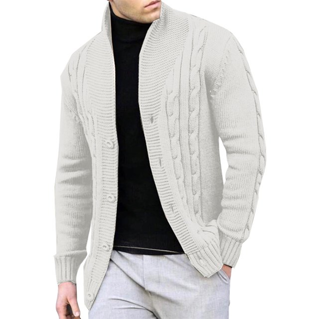 Grrvtrz Men's Chunky Knit Sweater, Cable Knit Cardigan Button Down Stand Up Collar Ribbed Sweater Coat