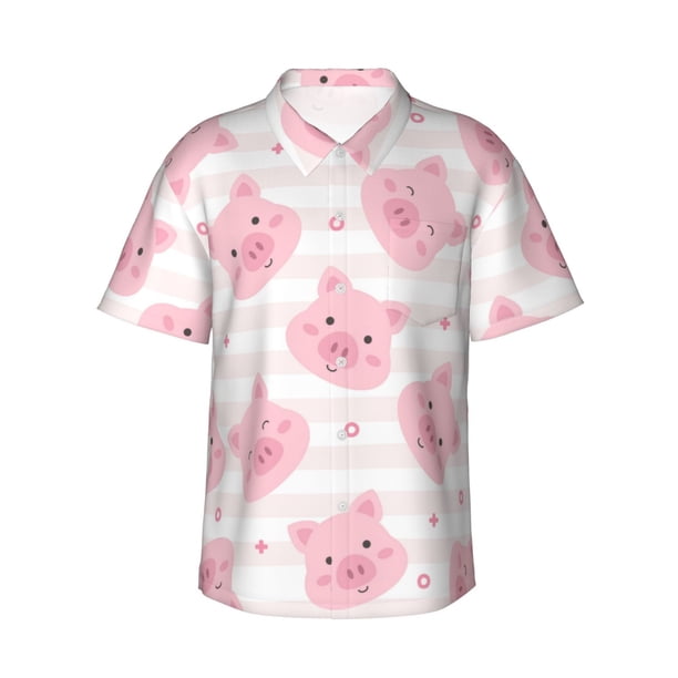 Fotbe Cartoon Pig Camisa Hawaiana para Hombre Unisex – Camisa Casual de Verano con Botones de Manga Corta de Algodón y Lino,X-Large