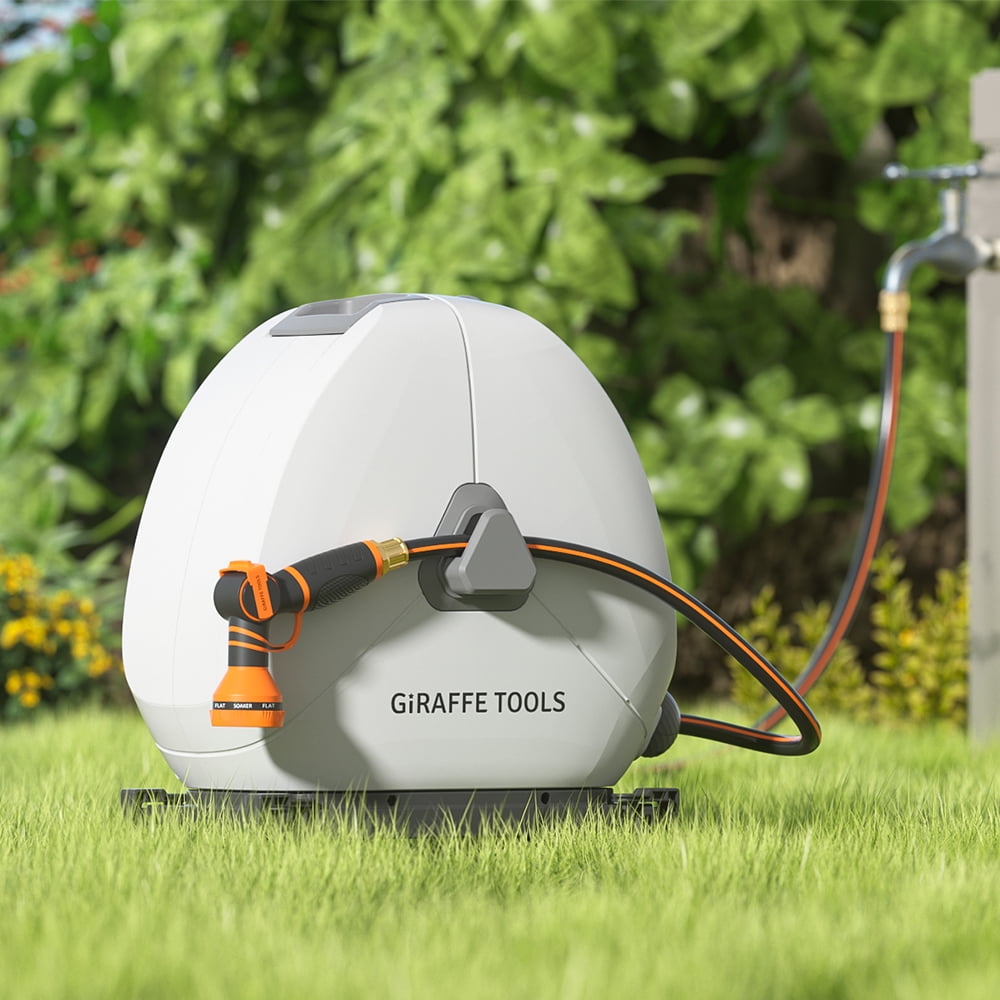 Giraffe Tools Ground Mounted Retractable Garden Hose Reel-1/2in-82ft, Light Grey