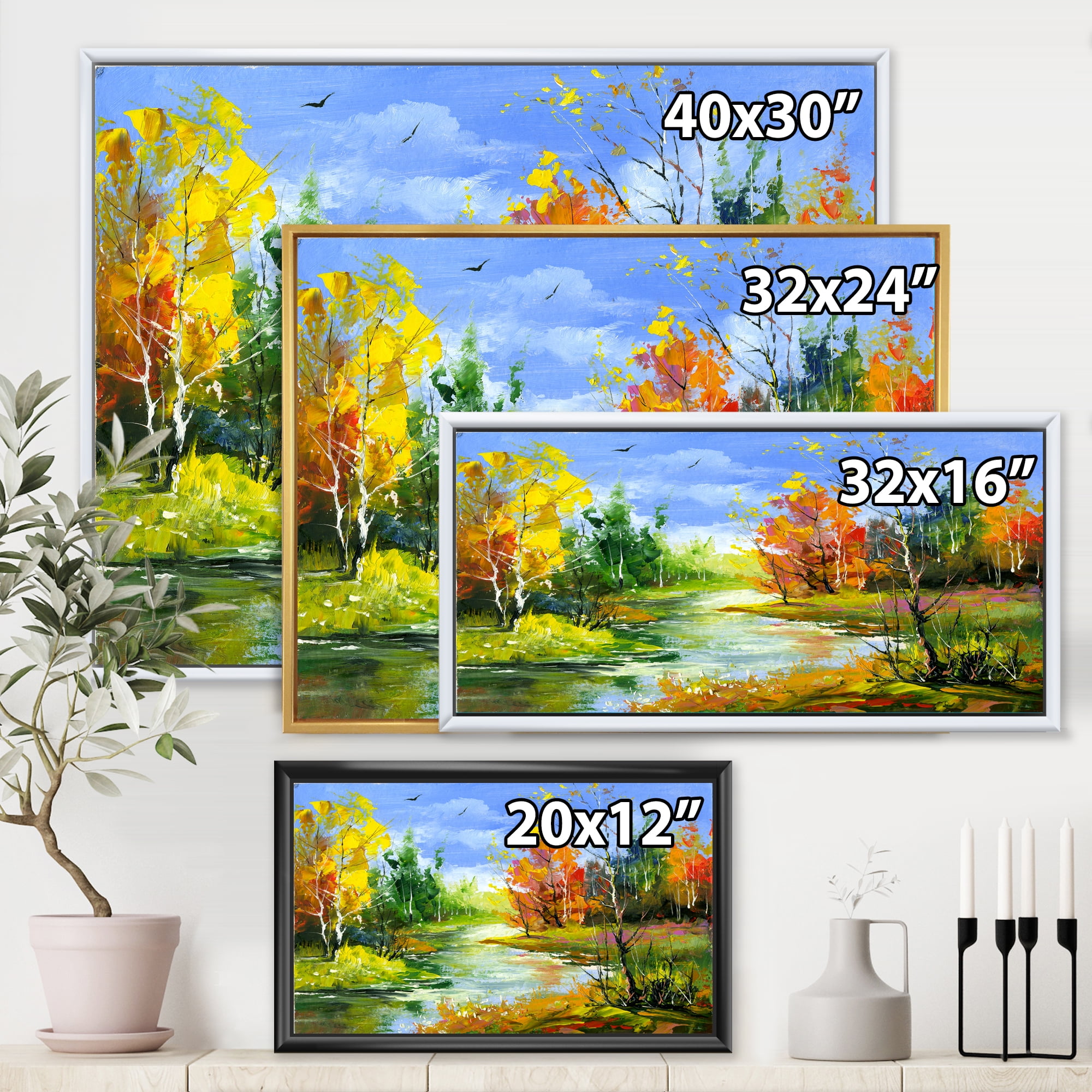 Designart 'Autumn Landscape With Forest and River' Lake House Framed Canvas Wall Art Print