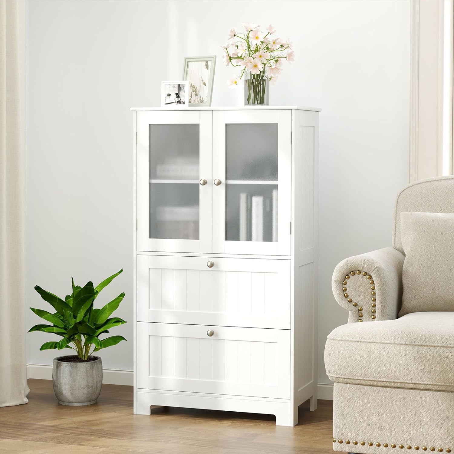 Favory Bathroom Storage Cabinet w/2 Large Drawers, Tall Pantry Cabinet w/Adjustable Inner Shelf, Frosted Tempered Glass Doors, Freestanding Floor Cabinet for Living Room, Kitchen, Dining Room