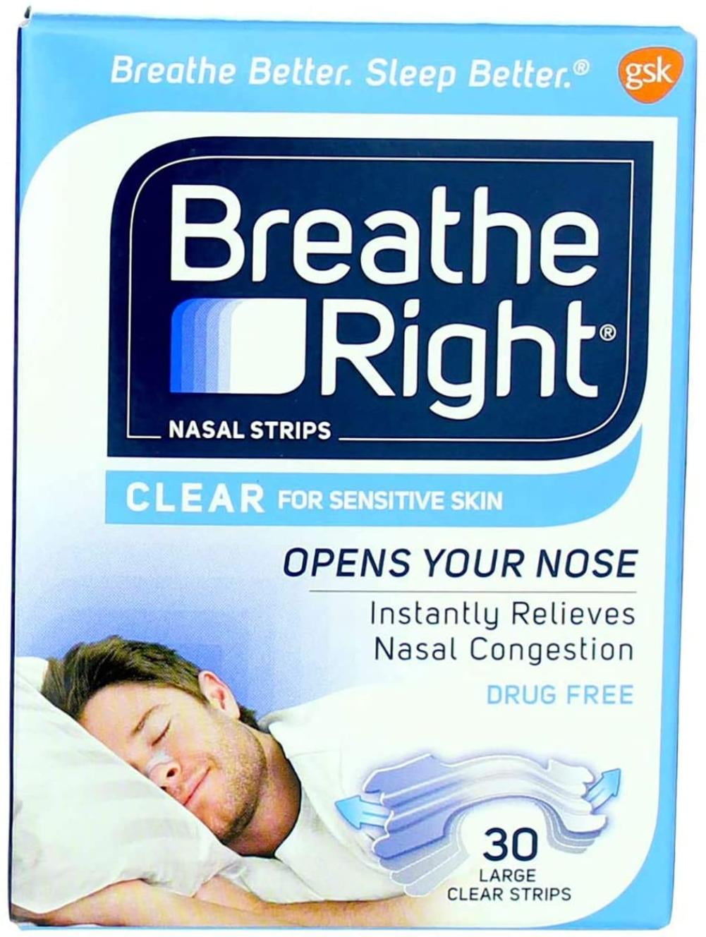 Breathe Right Nasal Strips Clear Large - 30 Strips, Relieves Nasal Congestion due to Colds & Allergies and Reduces Snoring. By Brand Breathe Right