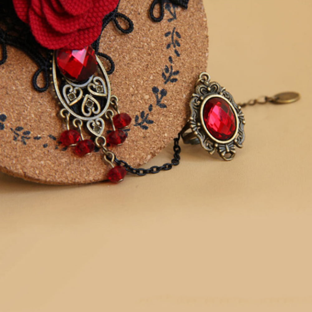 SataanReaper Presents Gothic Rose Style Lace Bracelet with Adjustable Finger Ring for Girls Women #SR-356
