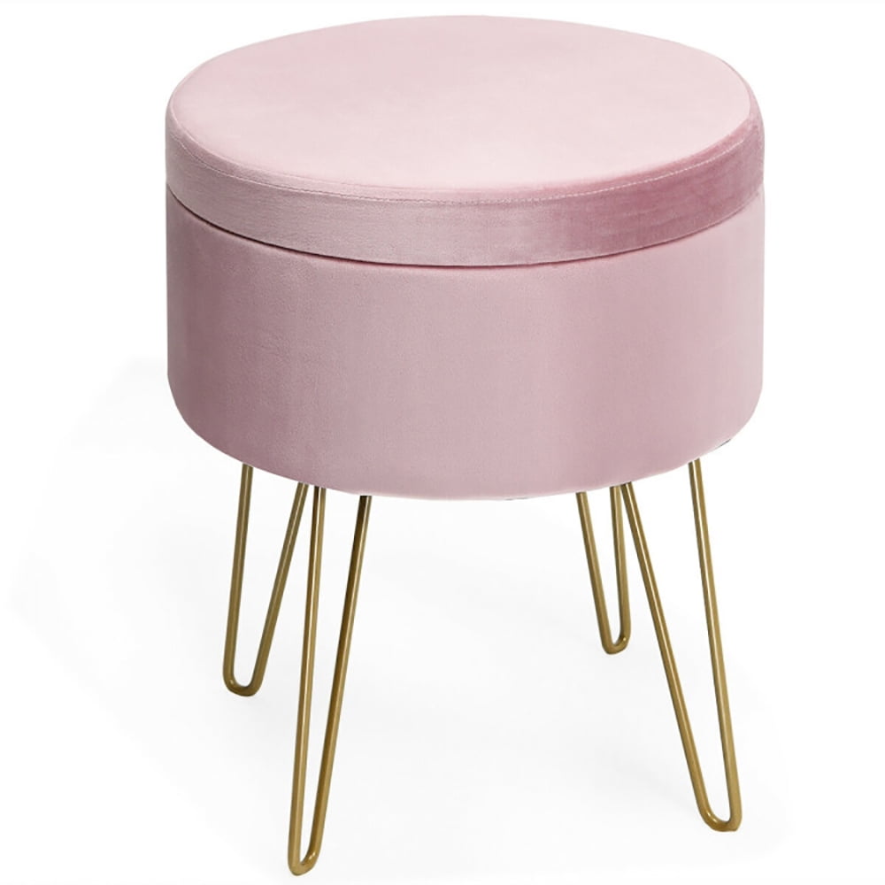Finihen Round Velvet Storage Ottoman, Footrest Stool, Vanity Chair with Metal Legs, for Living Room, Bedroom, Pink Finihen Round Velvet Storage Ottoman, Footrest Stool, Vanity Chair with Metal Legs, for Living Room, Bedroom, Pink
