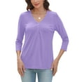 thumbnail image 6 of VDJ Womens Blouses Summer 3/4 Sleeve Basic T Shirts Button Up V Neck Comfort Soft Shirts Purple Tunic Tops Size M, 6 of 9