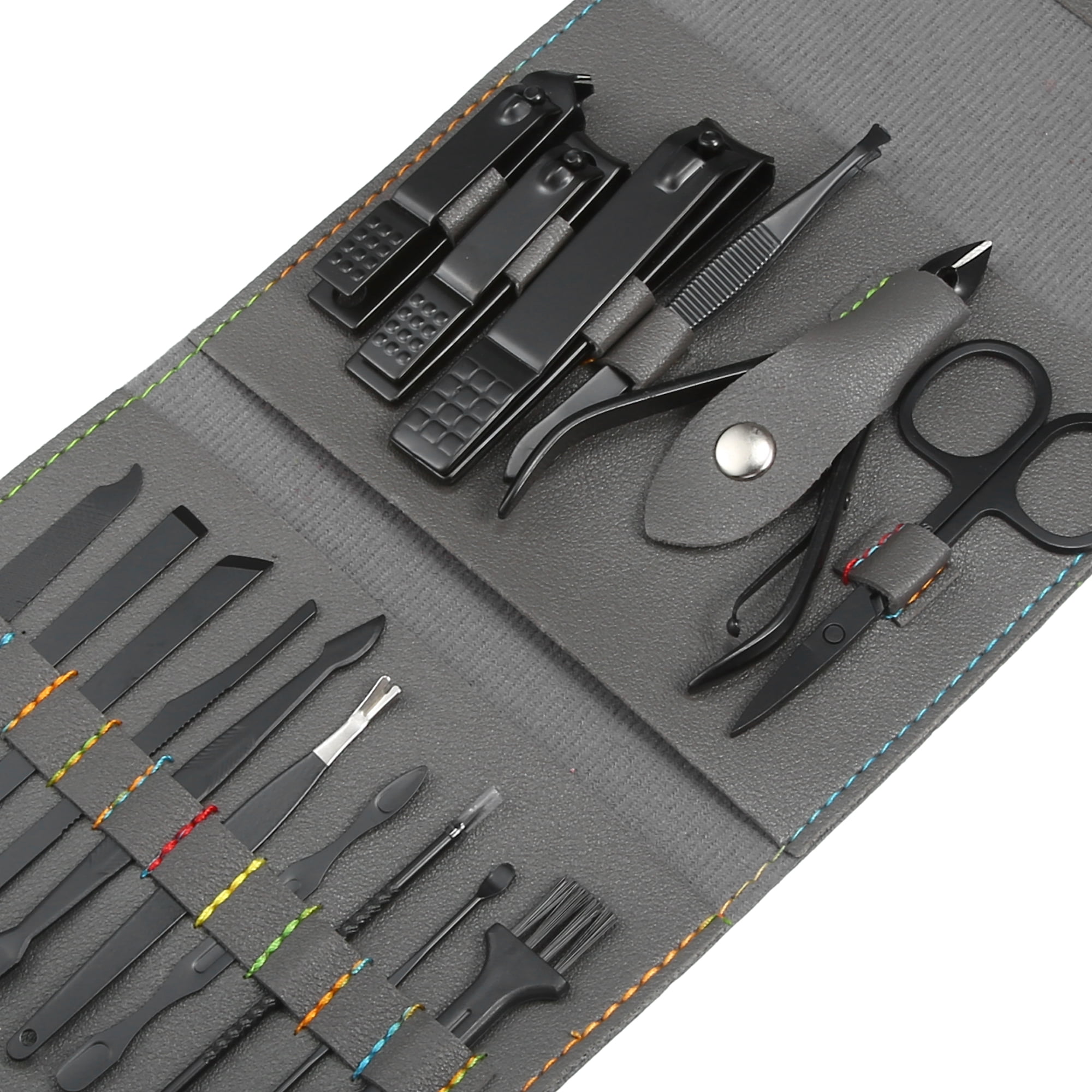 Unique Bargains 16 pcs Manicure Set with Gray PU Case Personal Care Stainless Steel Black