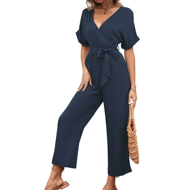 Monos, Mono de mujer de manga corta con correa en la cintura Casual Crop Rompers Abanopi Aqua/Medio