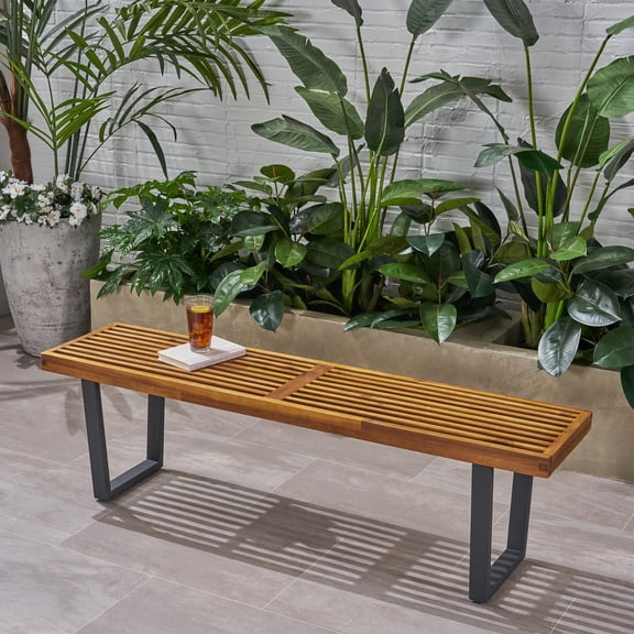 Acacia Wood Outdoor Bench with Iron Legs, 61.75 Inch Rustic Modern Patio Dining Seating for Garden, Backyard, Porch, Durable Weather-Resistant Solid Wood Slat Bench