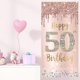 thumbnail image 4 of Banner de puerta para feliz 50 cumpleaños, decoración para mujer, fondo para cartel de puerta de fiesta de 50 cumpleaños en rosa y oro rosa, suministros para posavasos de cumpleaños de cincuenta años, 4 of 5