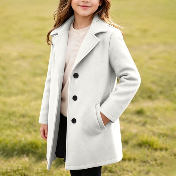 PiGOGI Kids Double Breasted Wool Blend Pea Coat with Notched Lapel and Side Pockets Mid-Long Trench Overcoat Winter Outerwear for Children White 14-15 Years