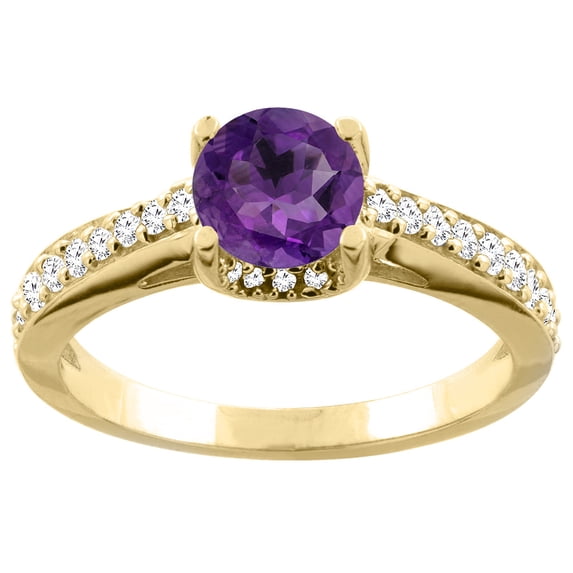 14K Yellow Gold Natural Amethyst Ring Round 6mm Diamond Accents 1/4 inch wide, size 10