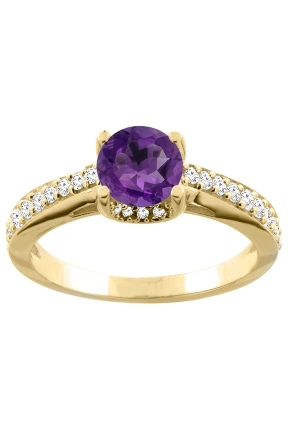 14K Yellow Gold Natural Amethyst Ring Round 6mm Diamond Accents 1/4 inch wide, size 6