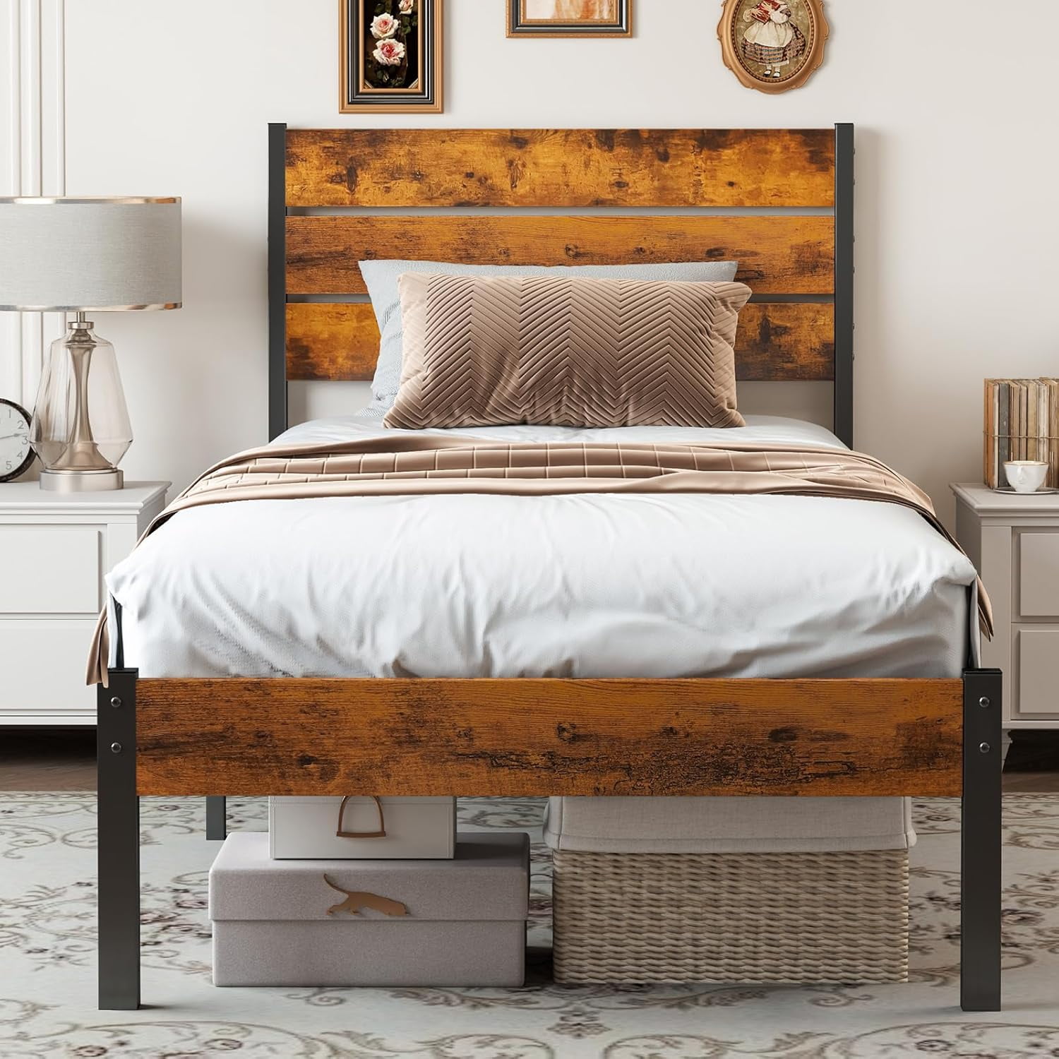 Twin Size Bed Frame, Metal Bed with Headboard, 700LBS Heavy Duty Mattress Foundation with Steel Slats Support, No Box Spring Needed, Noise Free
