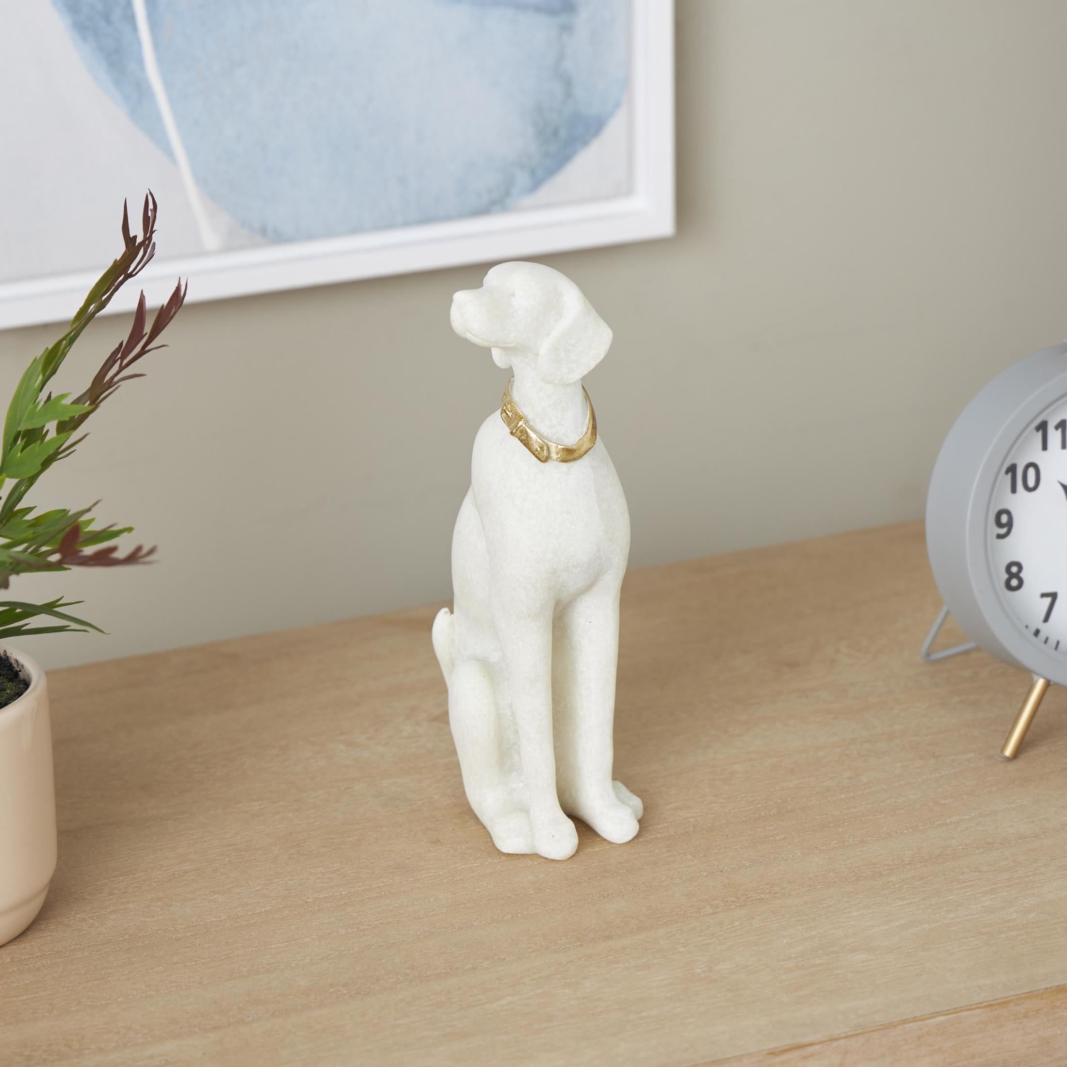 3" x 10" Cream Polystone Sitting Dog Sculpture with Gold Collar, by DecMode