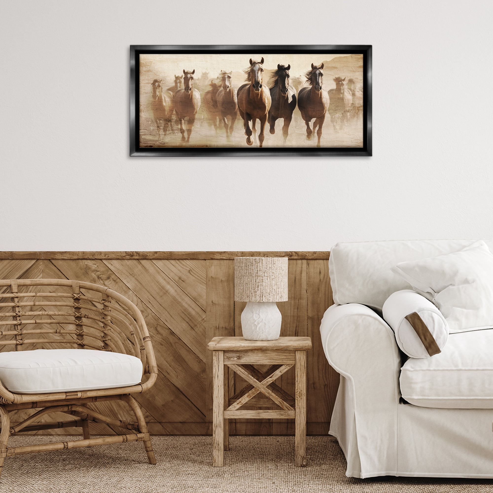 Stupell Industries Rustic Layered Gallop Animals Painting Black Floater Framed Canvas Art Print Wall Art, 31 x 14