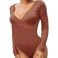 thumbnail image 1 of Women's Basic T-Shirt Bodysuit V Neck Thong Back Cotton Knit Long Sleeve Pure Color For Club Beach Party Cocktail Party Evening, 1 of 6