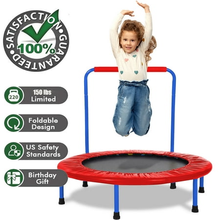 36" Mini Trampoline Foldable Kids Trampoline with Handrail for Two Kids Parent Child Exercise Play Indoor or Outdoor