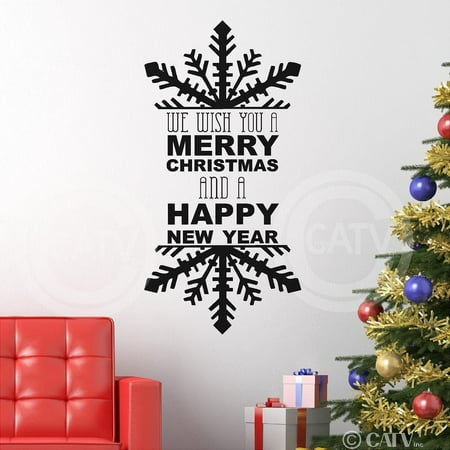 (Snowflake) We Wish You A Merry Christmas And A Happy New Year Vinyl Lettering Wall Decal Sticker (16