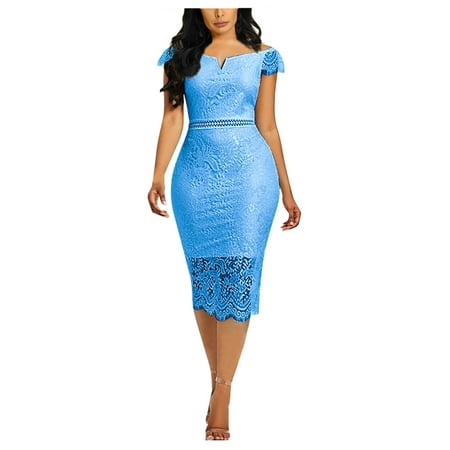 HIMIWAY Summer Dresses for Women 2023 Wrap Dress for Versatile Style Women s Fashion Sexy One-line Shoulder Bag Buttock Short Sleeve Lace Lace Solid Color Zip Dress Sky Blue S