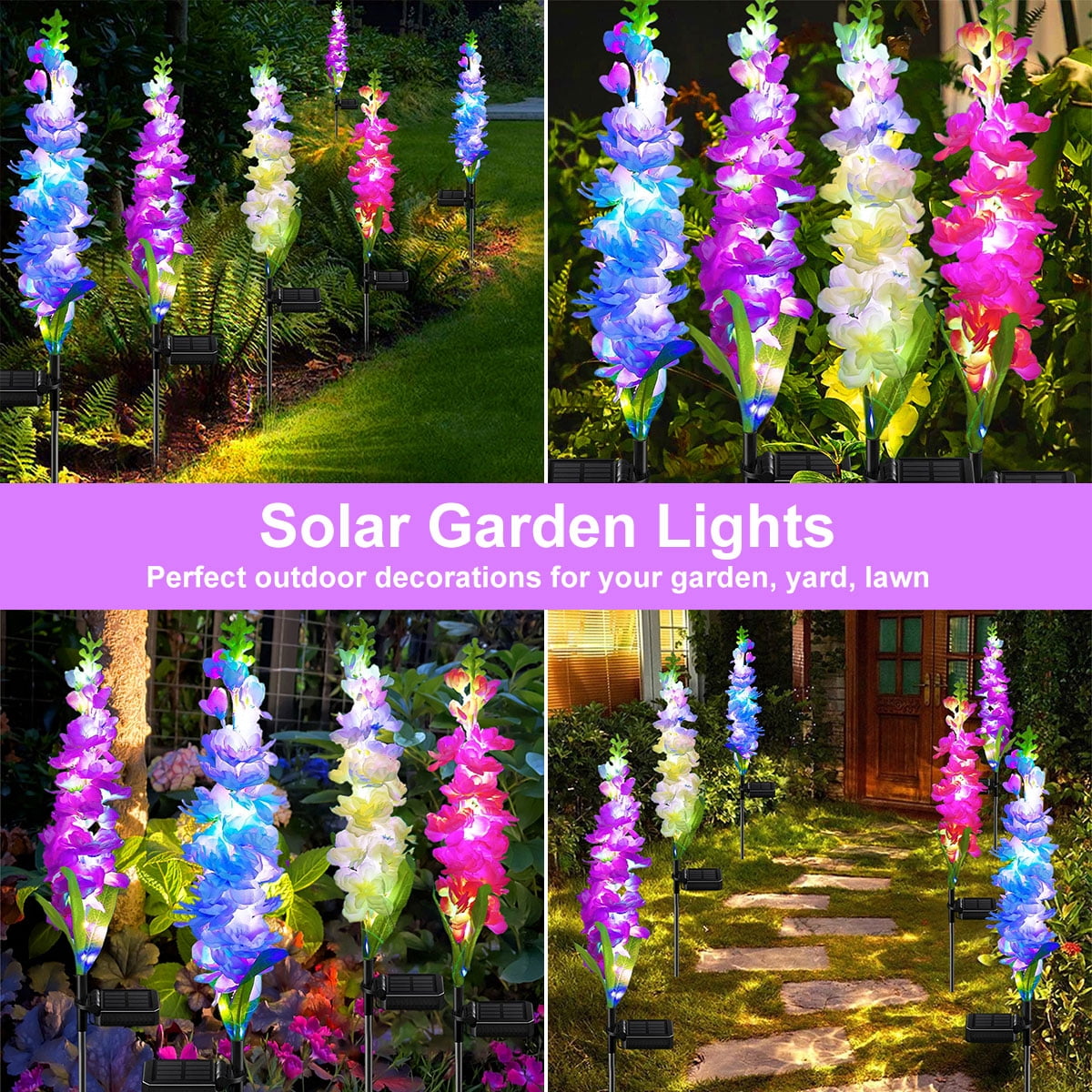 Syenll Delphinium Solar Flower Lights, 4 Pack Solar Garden Lights with 36 LEDs, Waterproof Solar Outdoor Lights for Yard Patio Lawn Decor