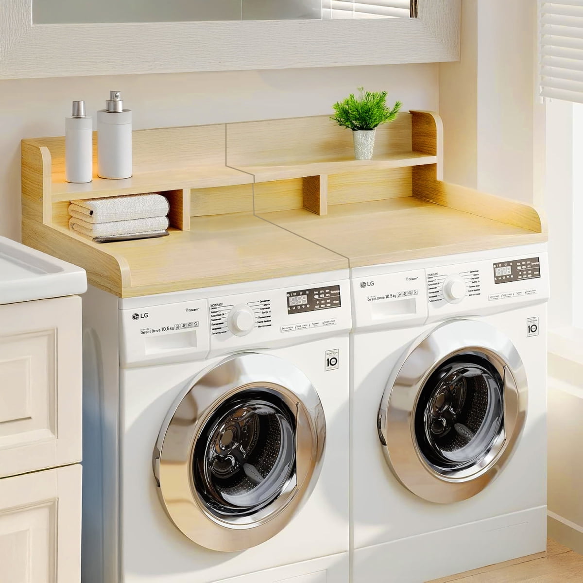 54" x 27.5" Double Layer Washer Dryer Countertop  Oak  Laundry Wood Shelf Topper with Non-Slip Pads & Edge for Laundry Room Storage Organization
