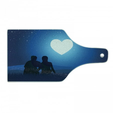 

Romantic Cutting Board Silhouette of a Couple Sitting in Front of Heart Shaped Moon Night Tempered Glass Cutting and Serving Board Wine Bottle Shape Night Blue Black White by Ambesonne