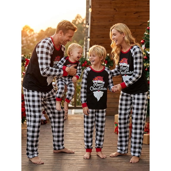 Family Matching Christmas Pajamas, Letter Santa Hat Print Long-Sleeved Round Neck Tops Plaid Pattern Trousers Sleepwear