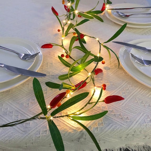 Artificial Olive Leaf Chili Berries Vine Garland with LED String Lights, 6.56Ft Hanging Vines Greenery Garland Lights for Mantle, Table, Wall, Christmas Tree, Thanksgiving Wedding Decoration