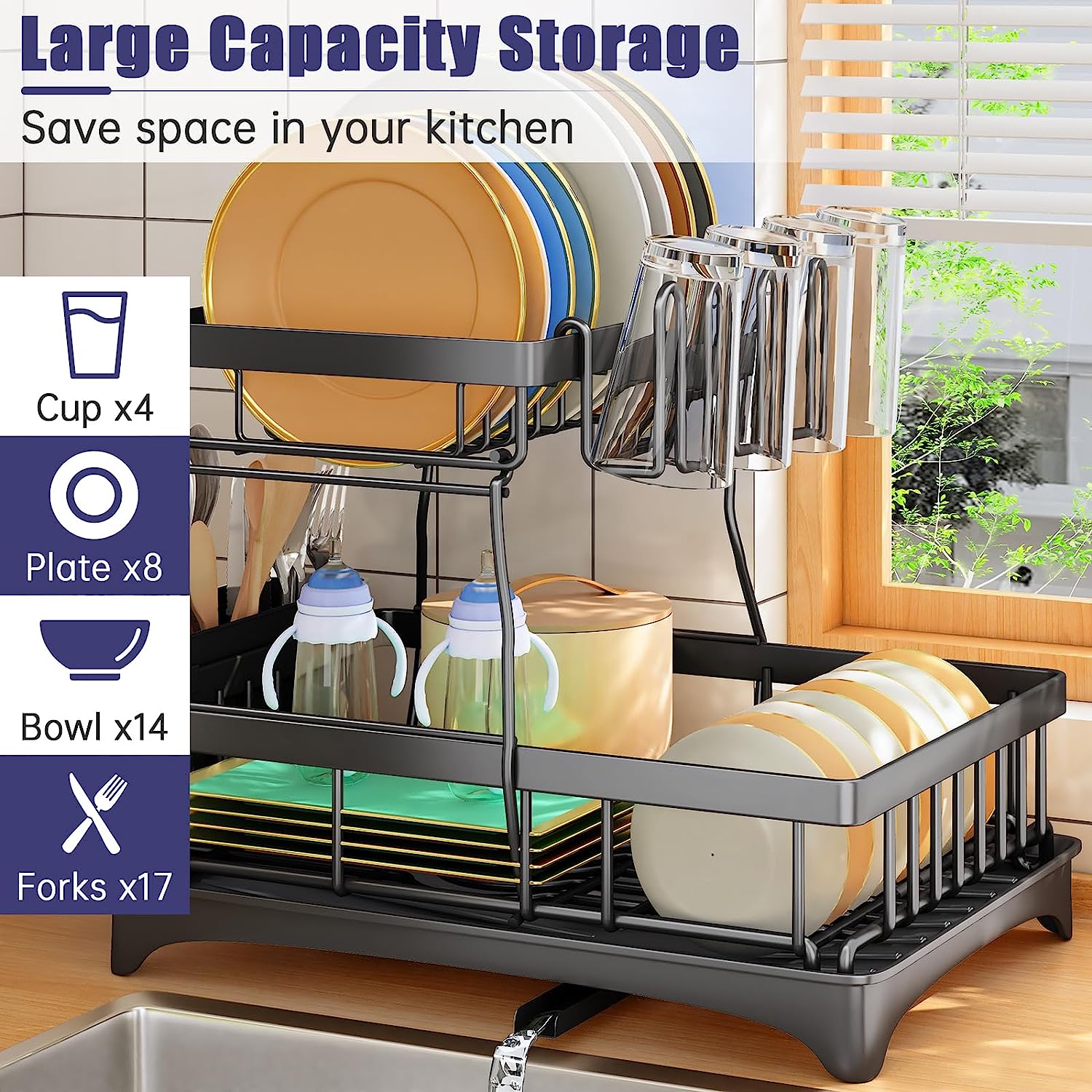 Runbaixing 2 Tier Large Dish Drying Rack and Drainboard with Utensil Holder and Cup Rack for Apartment Kitchen Counter, Black