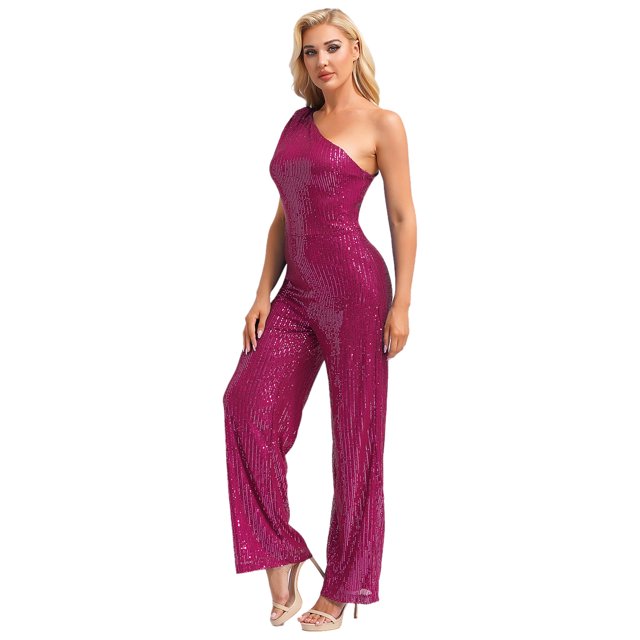 Xnihocha Combinaison Sans Manches pour Femmes une Épaule Robe de Soirée à Sequins Robe de Soirée Rose Vif m