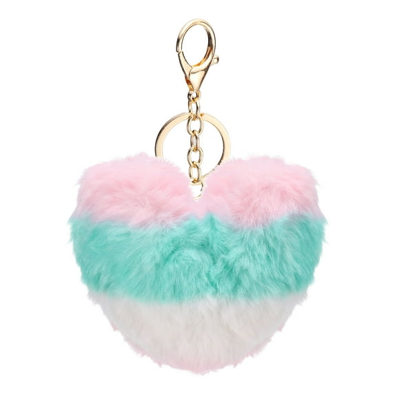 Uxcell Pom Pom Keychain, 10 cm Soft Cute Fluffy Heart Key Ring, Blue-Pink