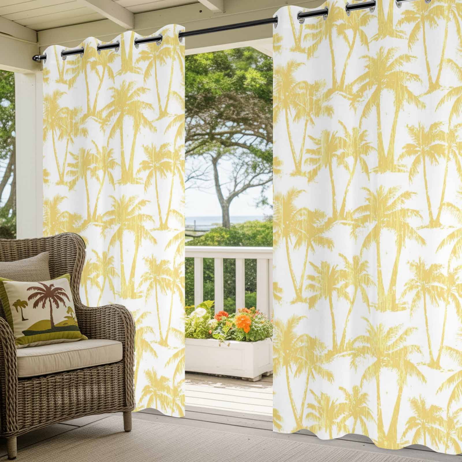 Summer Beach Palm Outdoor Curtains for Patio, Tropical Country Coastal Seaside Yellow Tree Silhouettes Sunshade Privacy Drapes Grommet Waterproof Outside Curtains for Porch Balcony 54"x108", 1 Panel