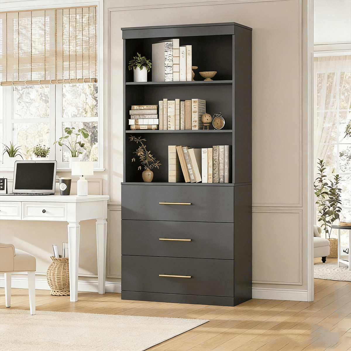Frmobepts 71" Tall Bookcases with 3 Large Drawers & 3 Shelves, Wooden Bookshelf for Living Room Office, Black