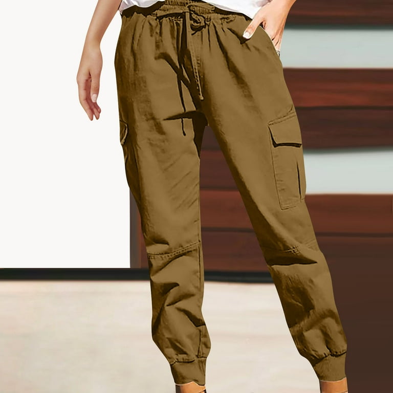 High Waisted Women Solid Cargo Pants with 6 Pocket Fall Loose Outdoor Travel  Pants Plus Size Drawstring Jogger Pants 