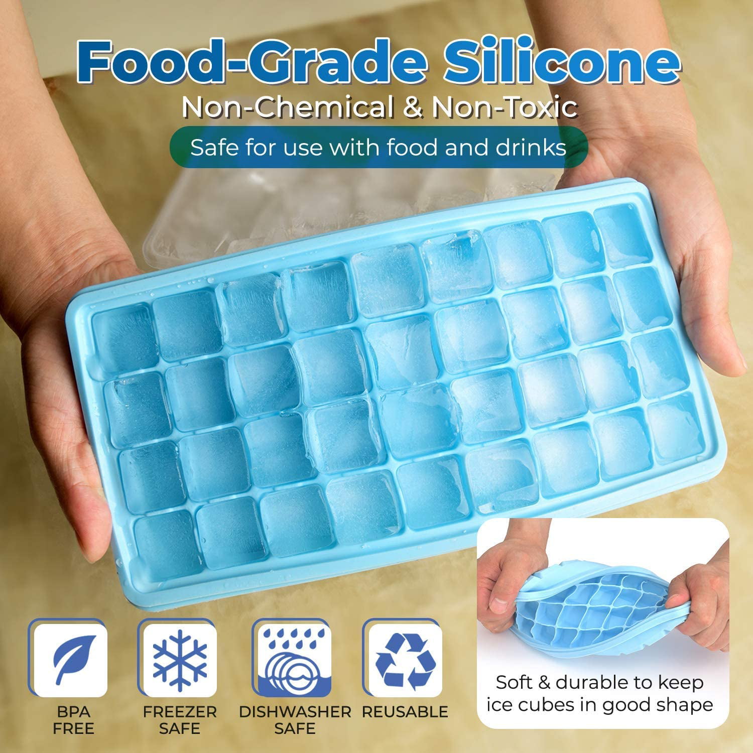 Xianrenge Ice Cube Tray With Lid And Bin - Silicone Ice Tray For Freezer, Comes With Ice Container, Scoop And Cover, Good Size Ice Bucket (blue)