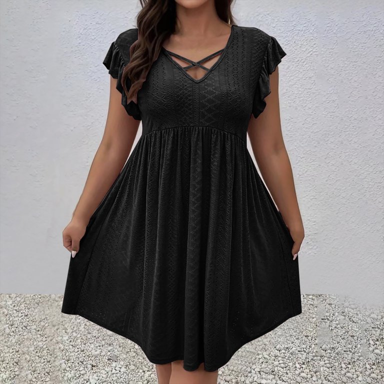 BSDJILFG Plus Size Mini Dress for Women,Summer 2025 Short Sleeve Ruffle  Dress Women Gifts V-Neck Flowy Peplum Dress for Wedding Guest Dating L-5XL  - Walmart.com