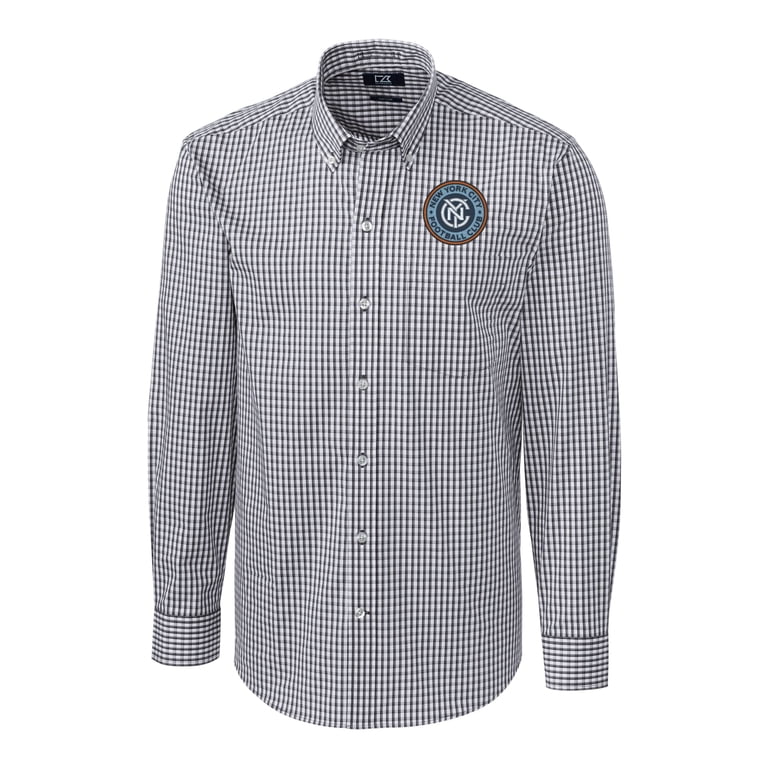 cutter buck dress shirts Men's Cutter & Buck Charcoal New York City FC Easy Care Stretch Gingham Long Sleeve Dress Shirt Size: 3XL