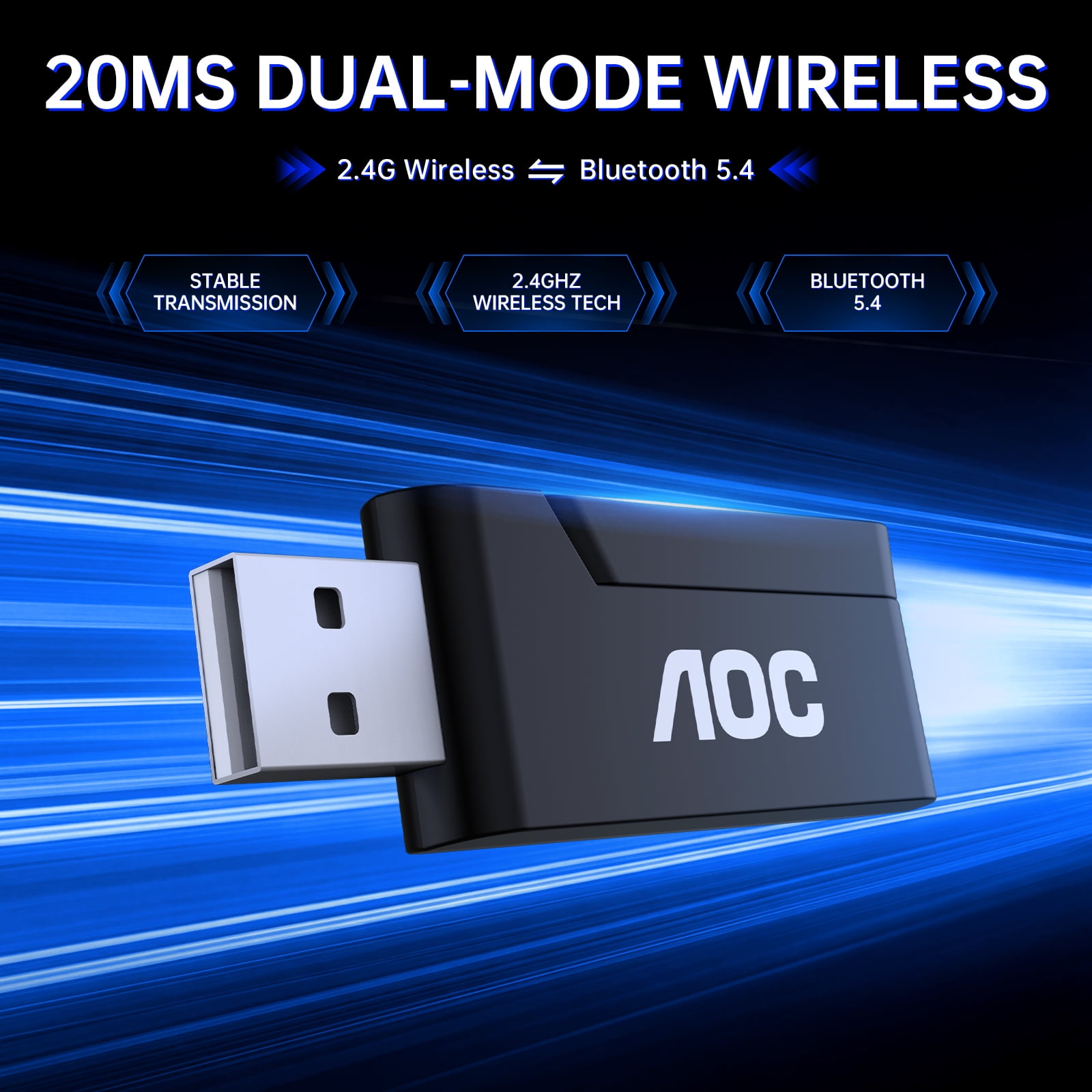 AOC Wireless Gaming Headset for PC/PS5/PS4/Switch, Bluetooth 5.4 & 2.4GHz Gaming Headphones with Noise Canceling Mic, RGB, Type-C, 20ms Latency, 45H, 7.1 Virtual Surround- Black