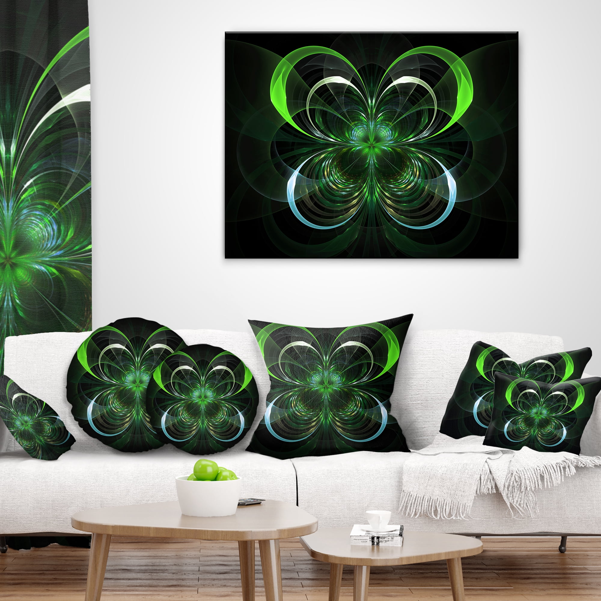 Designart Green Fractal Flower in Dark - Floral Throw Pillow - 18x18