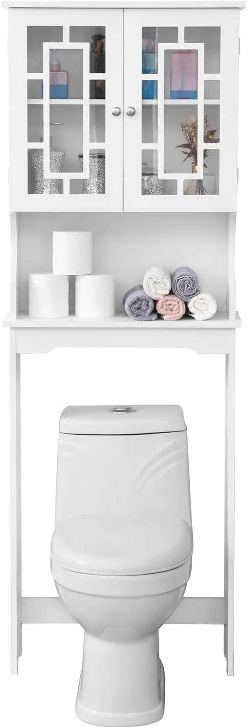 Erommy Over-The-Toilet Storage, Wooden Bathroom Organizer, with 2 Glass Doors & Adjustable Shelf for Bathroom, White