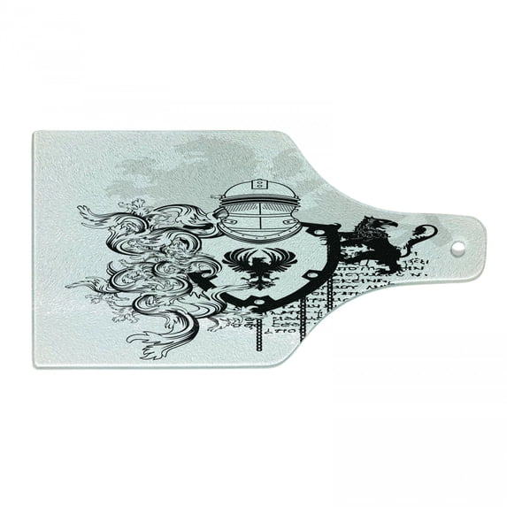 Medieval Cutting Board, Heraldic Gear Coat of Medieval Knight with Ornate Pattern the Past Old Times, Decorative Tempered Glass Cutting and Serving Board, Wine Bottle Shape, Black White, by Ambesonne