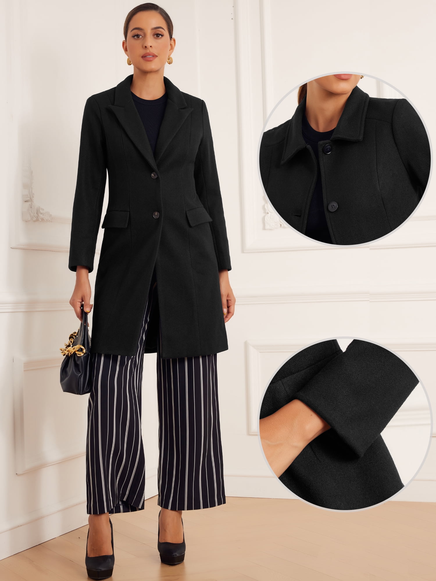 DARING DIVA Women's Notch Lapel Midi Single Breasted Winter Overcoat Black M