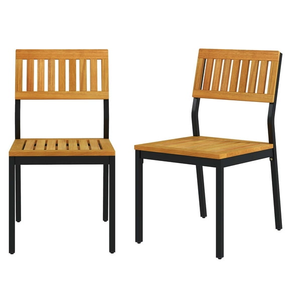Costway Dining Chair Set of 2 Modern Patio Chairs/Acacia Wood Backrest, Slanted Seat