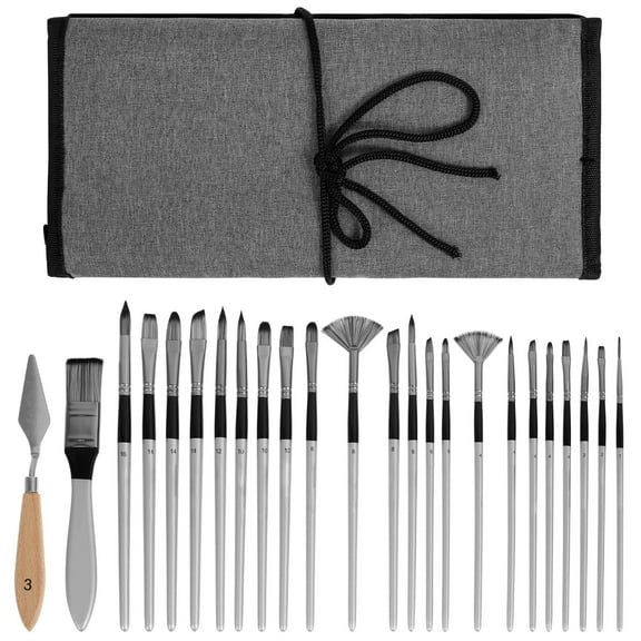 Ikoopy 25 Pcs Paint Brush Set Professional Oil Paint Brush Set with Scraper and Cloth Bag Versatile Painting Supply for Class Sketching Traveling